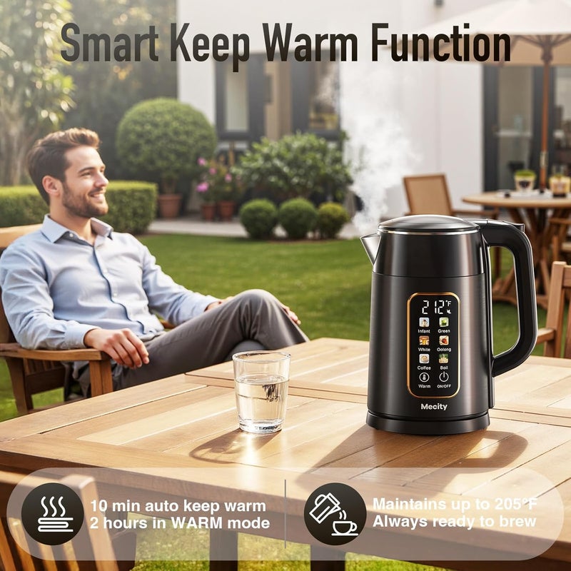 Mecity Electric Kettle 1.7L Touch Screen Temperature Control Water Boiler, No Plastic Contact with Water. 6 Preset Temperature Programs, 2 Hours Keep Warm, Black - Image 4